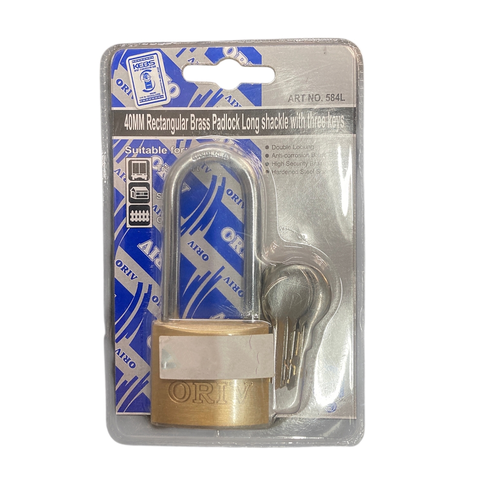 40mm RECTANGULAR BRASS PADLOCK LONG SHACKLE (584L)