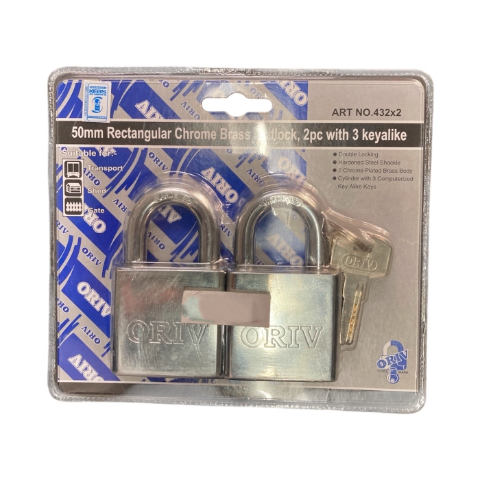 50mm RECTANGULAR CHROME BRASS PADLOCK (432 X 2)