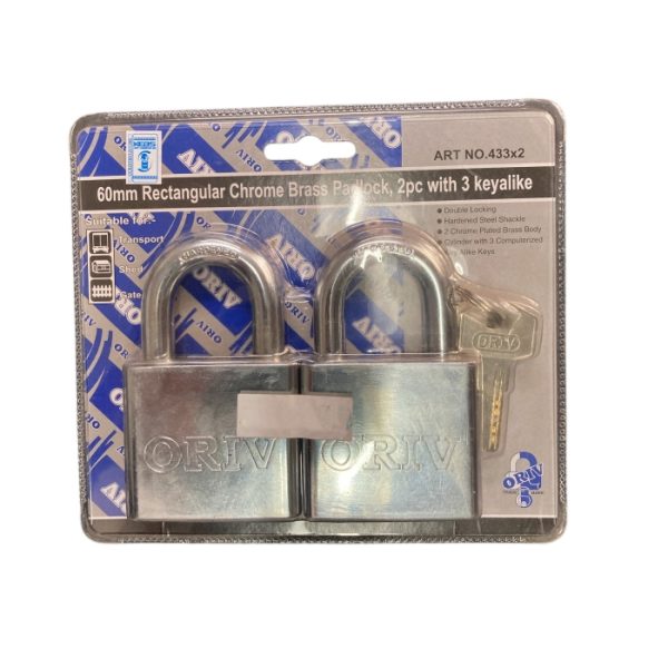 60mm RECTANGULAR CHROME BRASS PADLOCK (433 X 2)