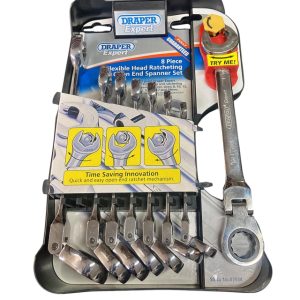 8 PIECE FLEXIBLE HEAD RATCHETING OPEN END SPANNER SET